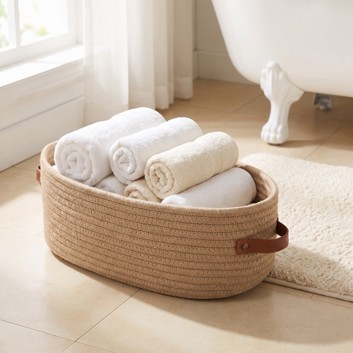 Oval woven basket on a bathroom floor holding rolled towels