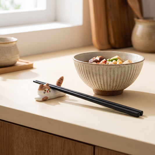Ceramic chopstick holder on a kitchen counter near a bowl