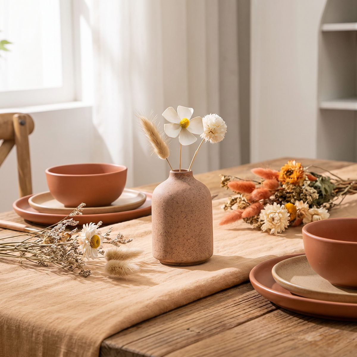 Retro ceramic vase with dried flowers on a dining table
