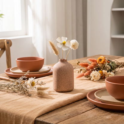Retro ceramic vase with dried flowers on a dining table
