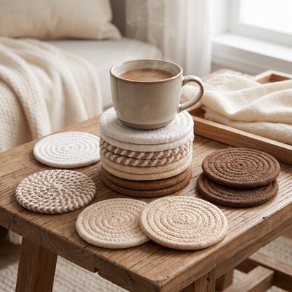 Set of four round cotton coasters on a coffee table under mugs