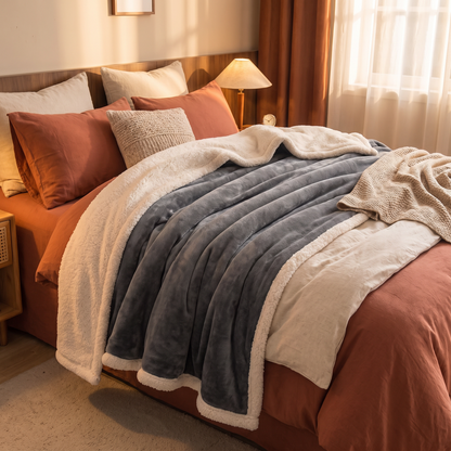 Wool throw blanket draped over a bed in navy blue