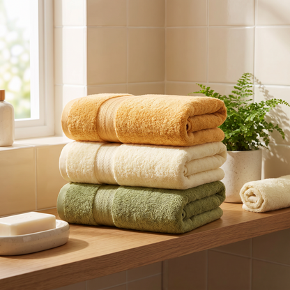 Folded bamboo fiber towel set on a bathroom shelf