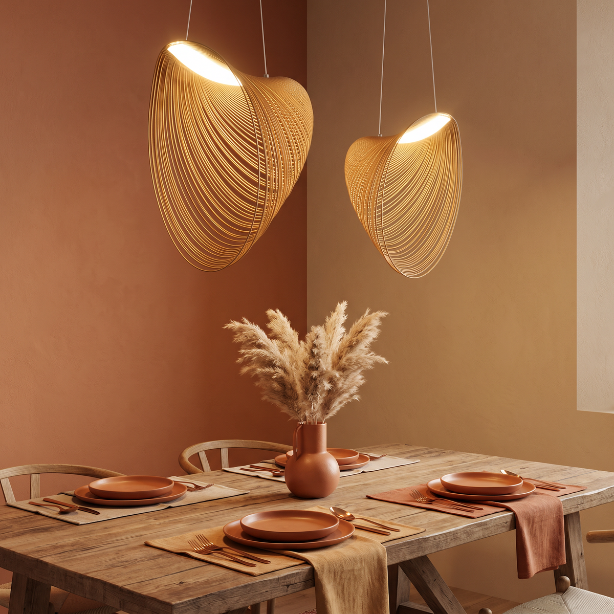 Woven wooden bird's nest pendant light hanging above a dining table