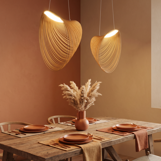 Woven wooden bird's nest pendant light hanging above a dining table