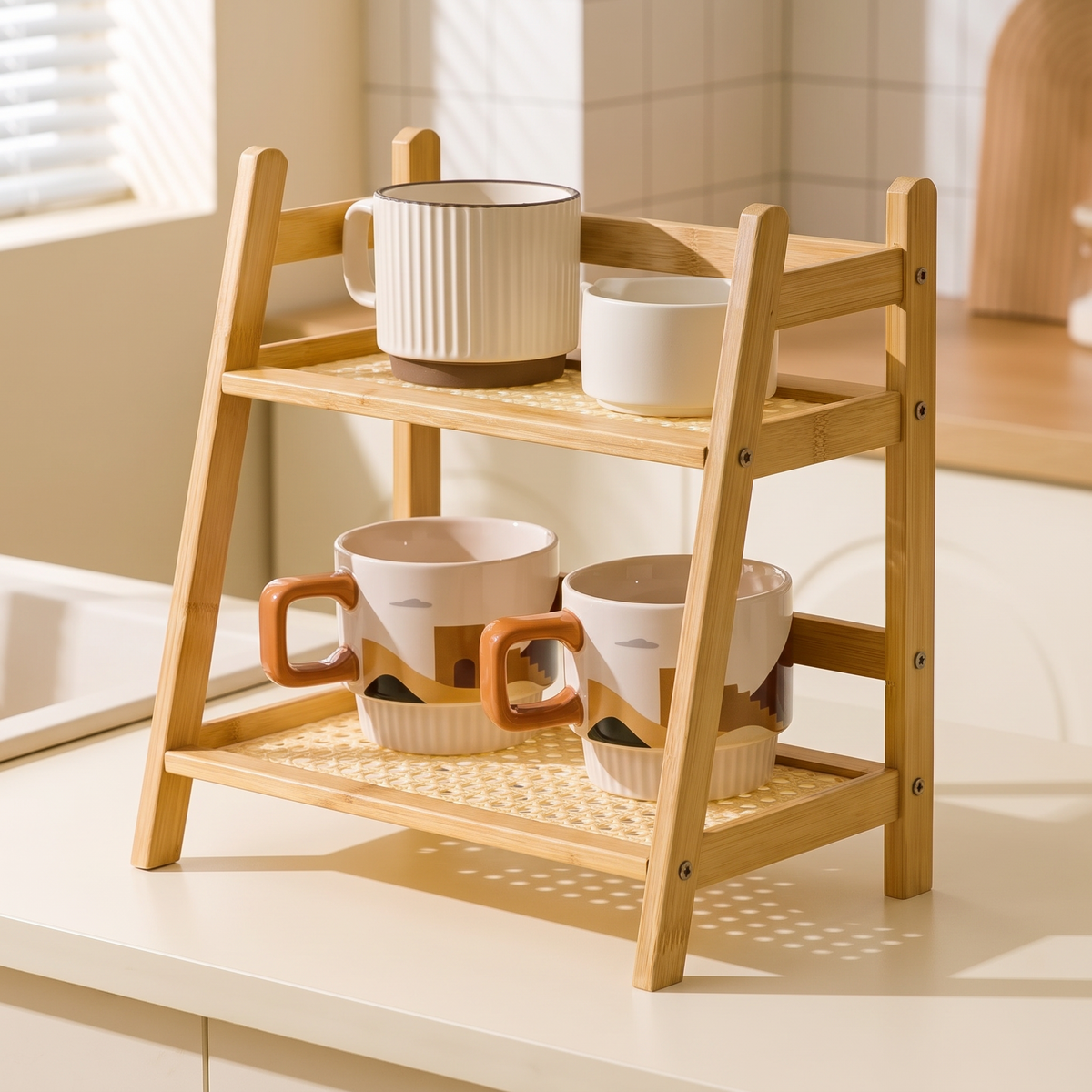 Two-tier bamboo storage rack on a kitchen counter holding jars