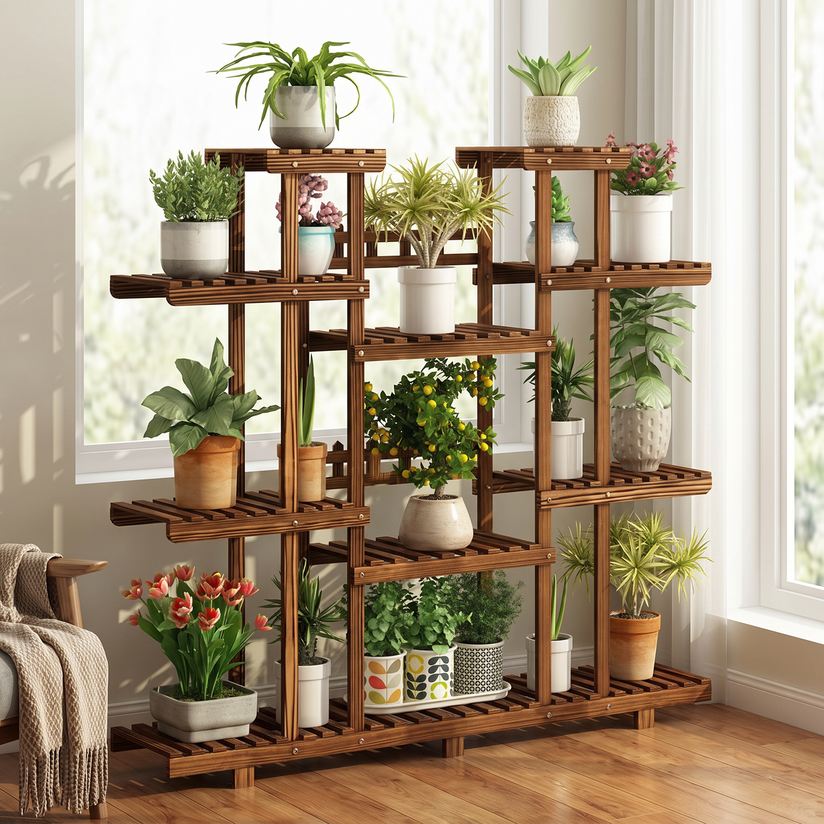 Multi-tier wooden plant shelf displaying several potted plants near a window