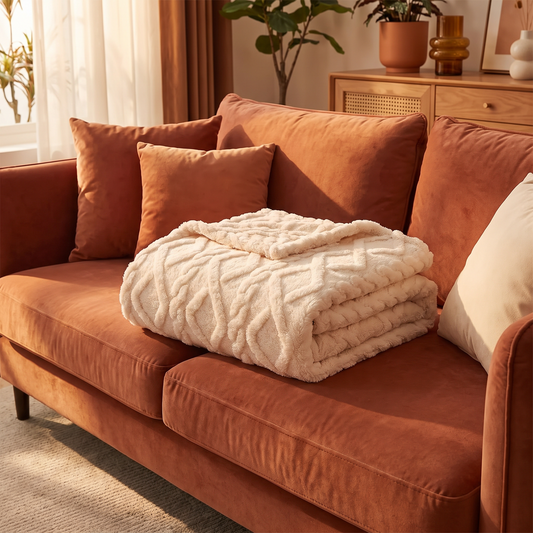 Coral fleece blanket folded on a sofa in a living room