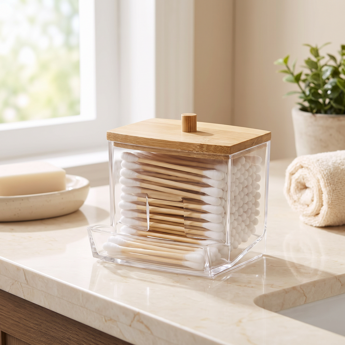 Transparent cotton swab storage box on a bathroom counter