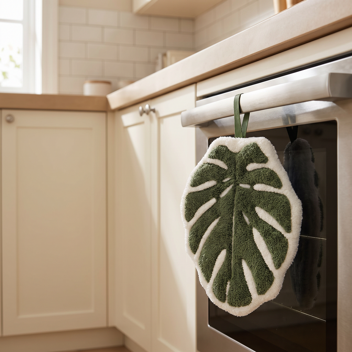 Green leaf print hand towel hanging on a kitchen oven handle