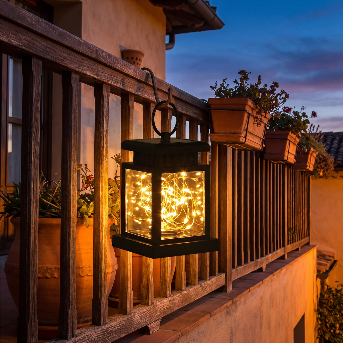 Solar LED lantern hanging on a balcony glowing warmly at dusk