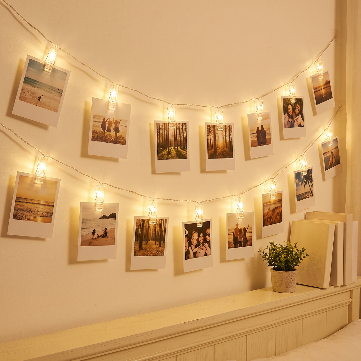 Fairy lights with photo clips hung on a bedroom wall displaying pictures
