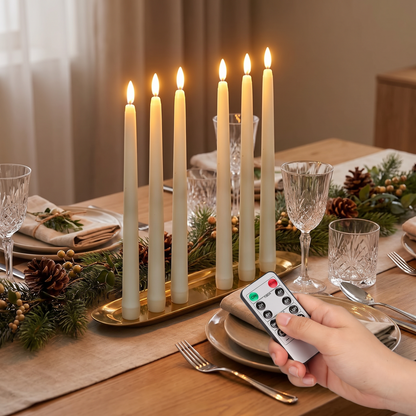 Flameless LED taper candles flickering on a dinner table centerpiece