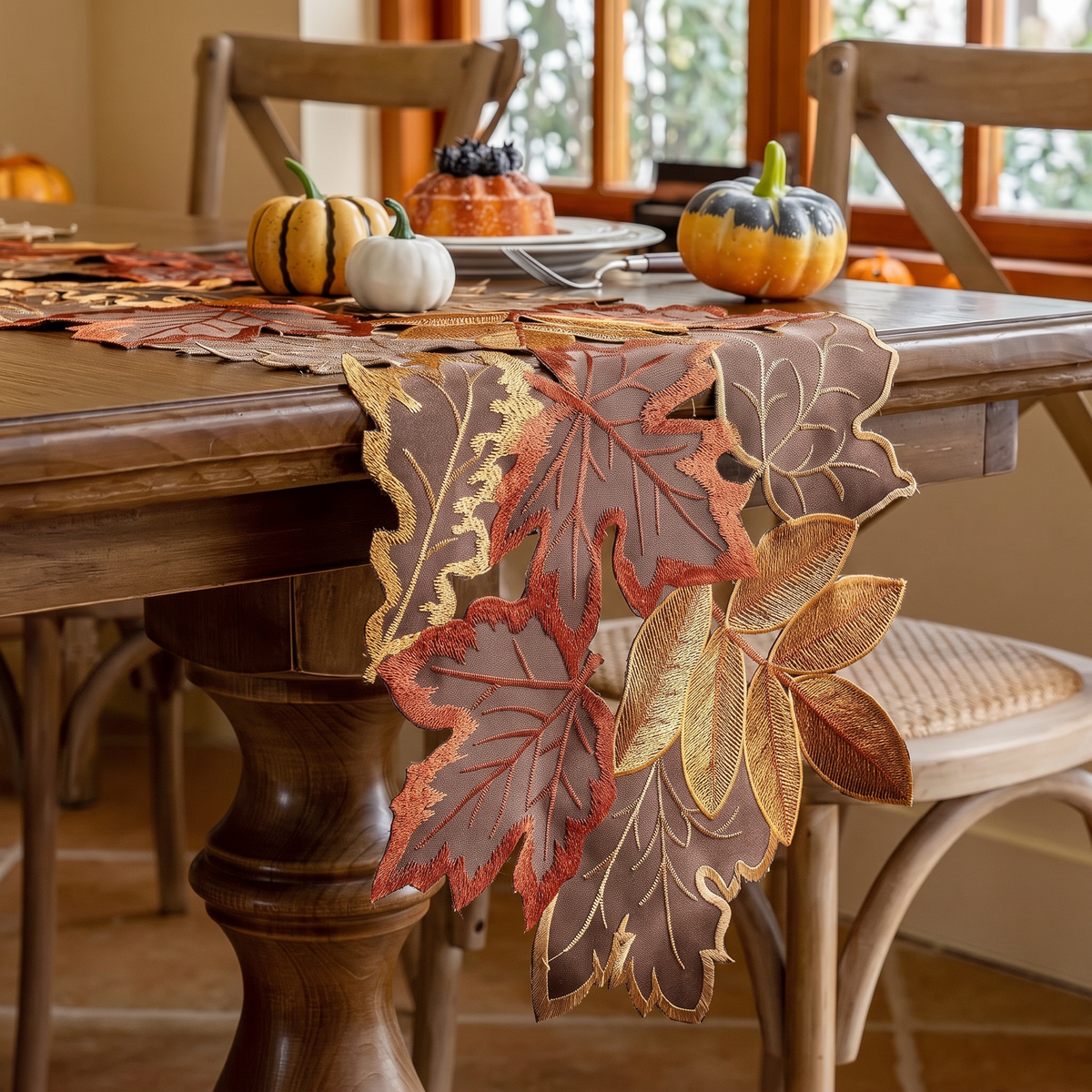 Embroidered maple leaf table runner on a set dining table for autumn