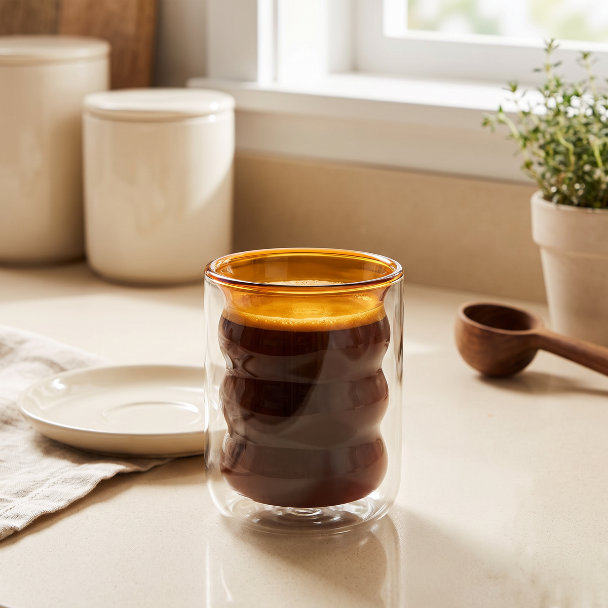 Colored double wall glass coffee cup on a kitchen counter with steam rising
