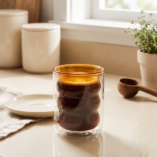 Colored double wall glass coffee cup on a kitchen counter with steam rising