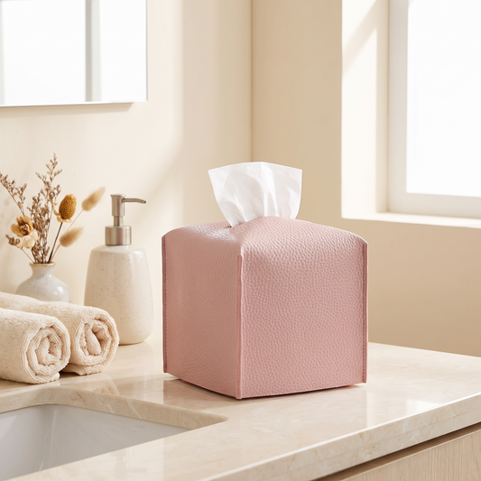 PU leather tissue box cover on a modern bathroom counter