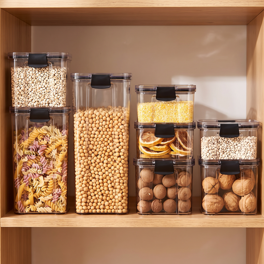Stacked acrylic kitchen storage jars filled with grains on a pantry shelf