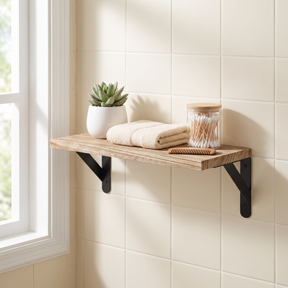 Wooden floating wall shelf mounted in a bathroom holding small decorative items