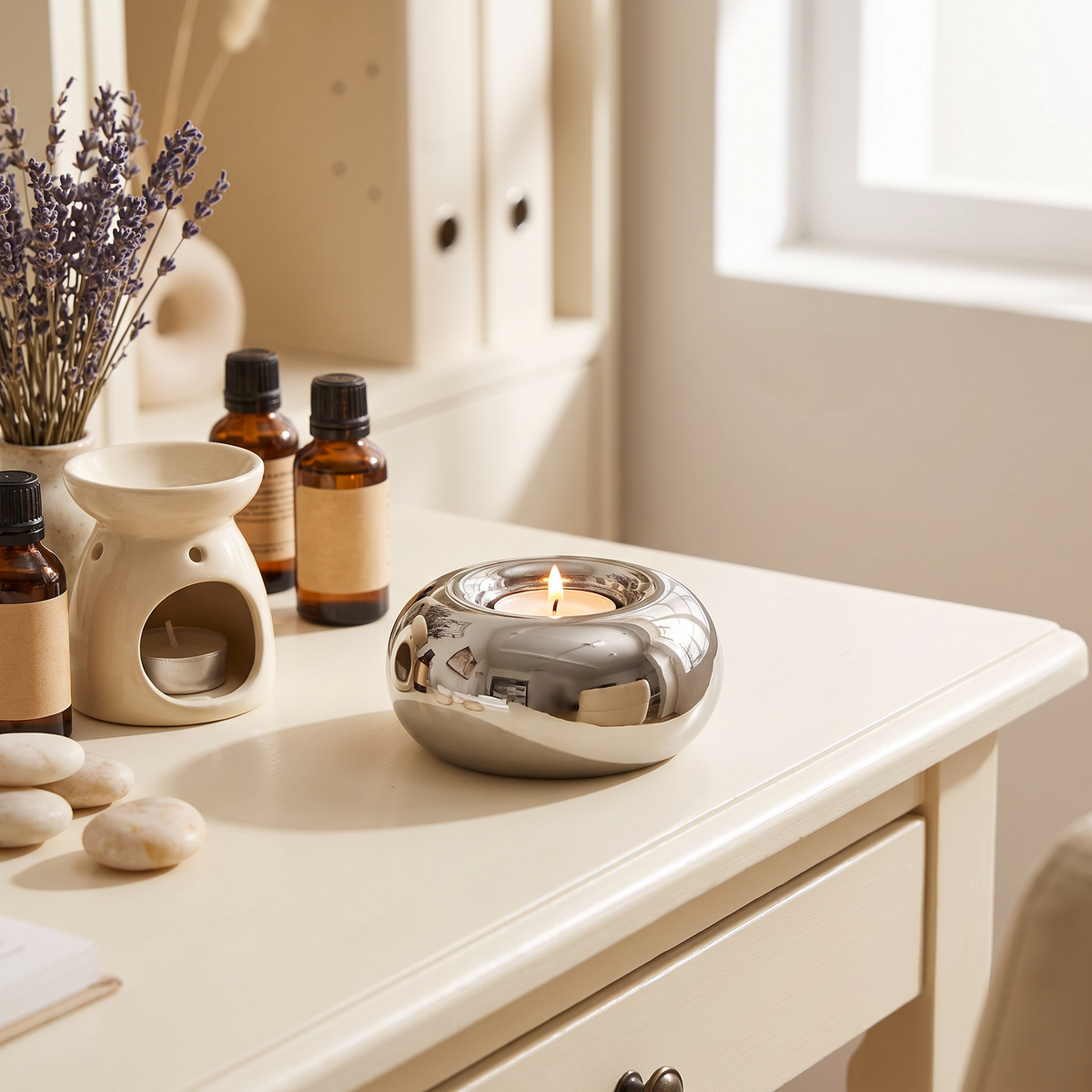Silver electroplated circular ceramic candle holder with lit tea light on a coffee table