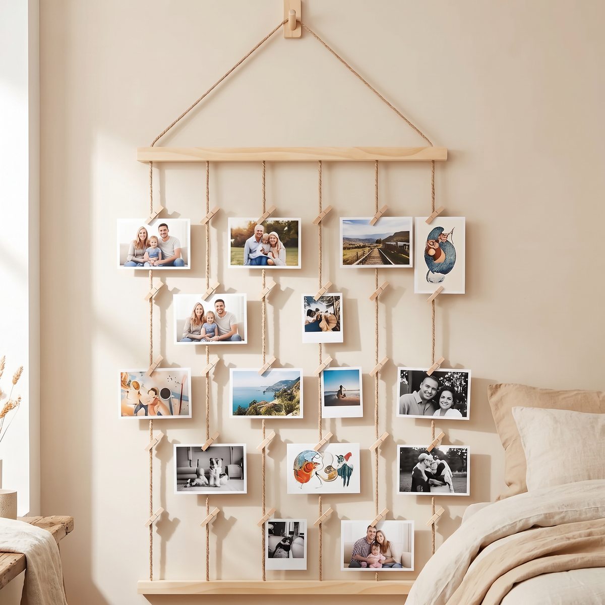 Hanging photo display rack on a wall, clipped with photographs and postcards