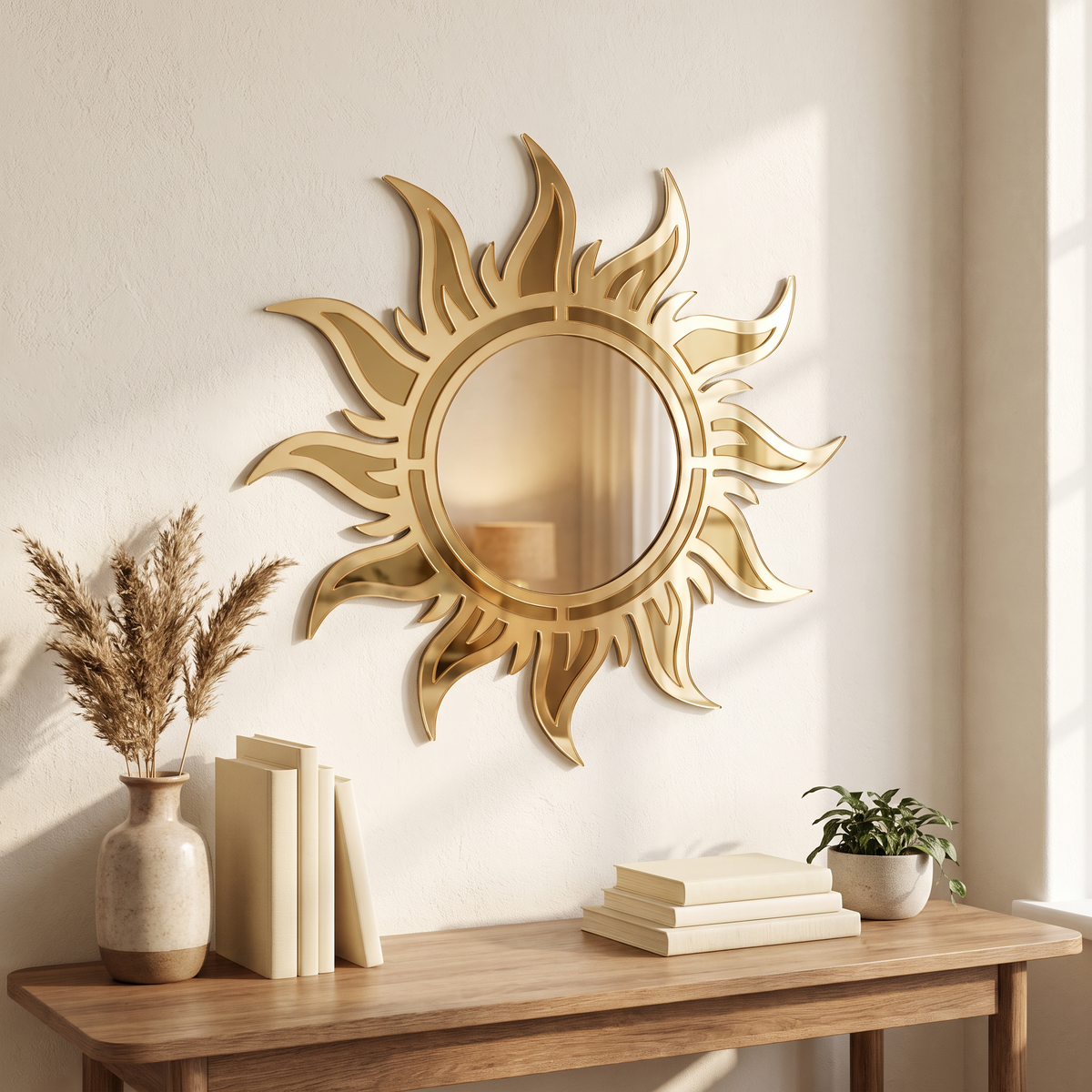 Gold sunburst wall mirror hung above a console table in a bright entryway