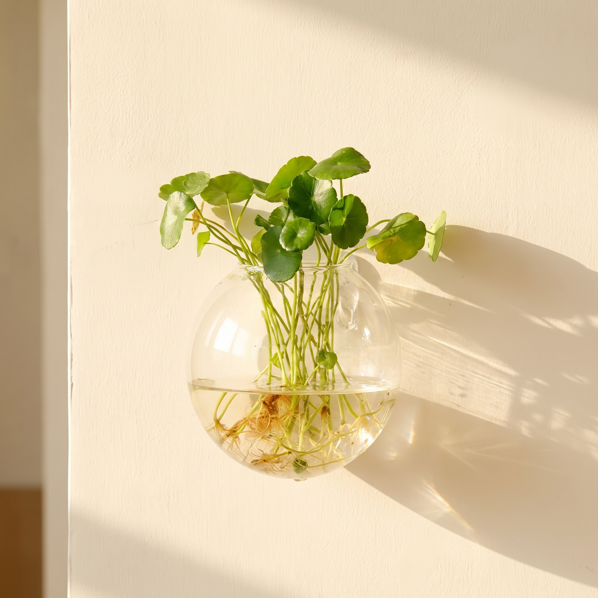 Hanging glass terrarium globe suspended in a window, holding a small air plant