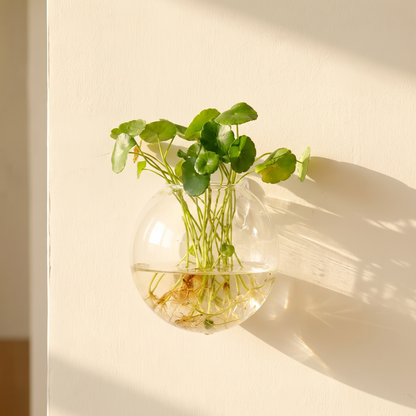 Hanging glass terrarium globe suspended in a window, holding a small air plant