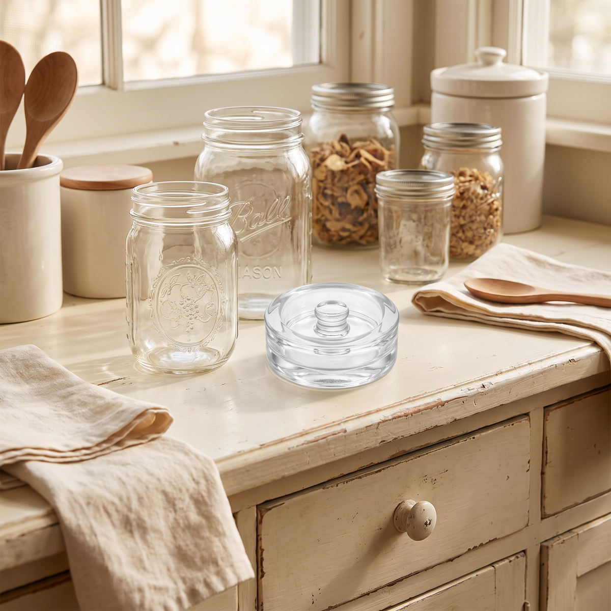 Glass fermentation weights and lids on mason jars of vegetables on a kitchen shelf