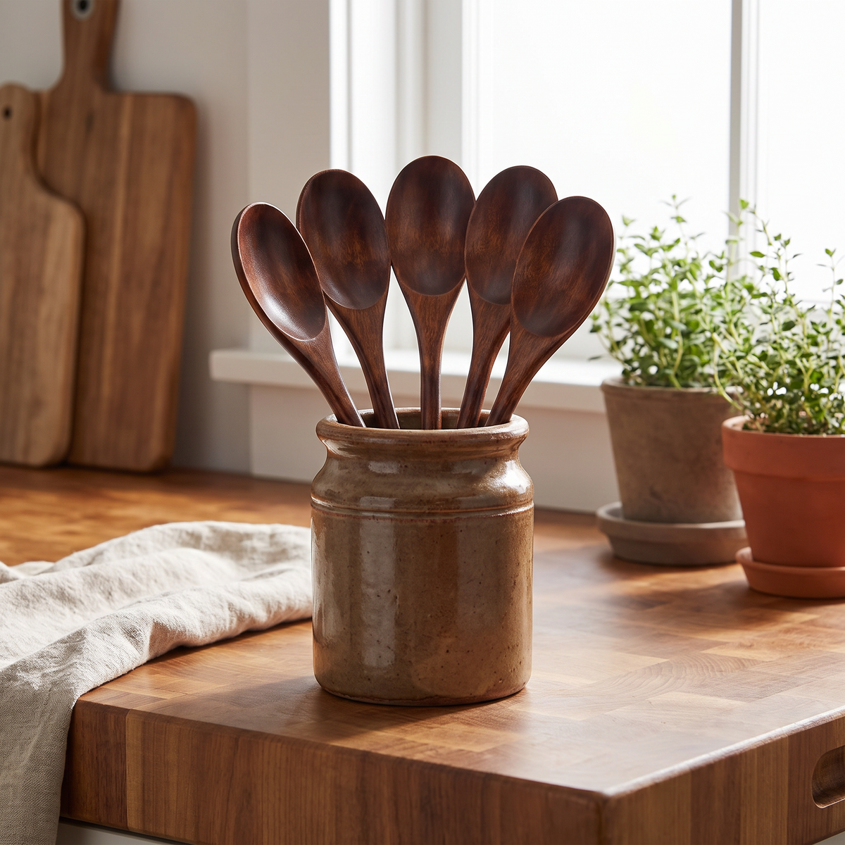 Set of five wooden cooking spoons standing in a crock on a kitchen counter