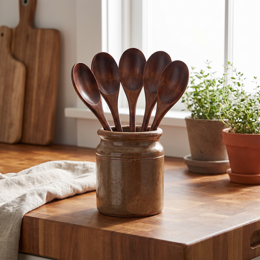 Set of five wooden cooking spoons standing in a crock on a kitchen counter