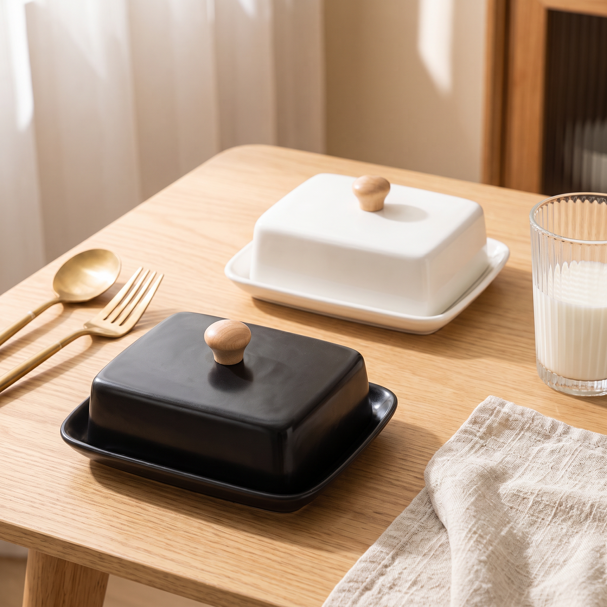 Lidded ceramic butter dish on a breakfast table beside bread and a knife