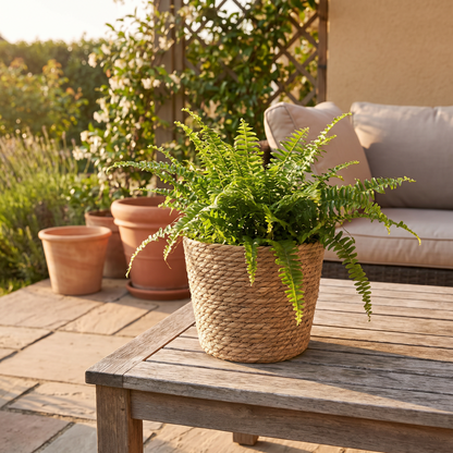 Woven rattan planter basket holding a leafy houseplant in a bright living room corner