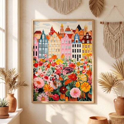 Amsterdam flower market botanical print framed on a living room wall above a console
