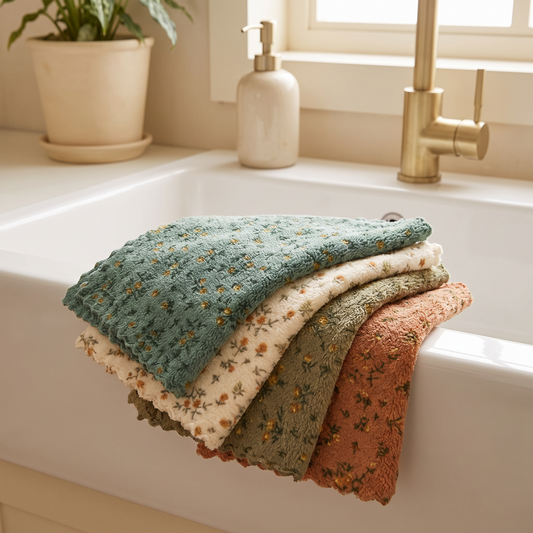 Floral printed dishwashing cloths folded beside a kitchen sink