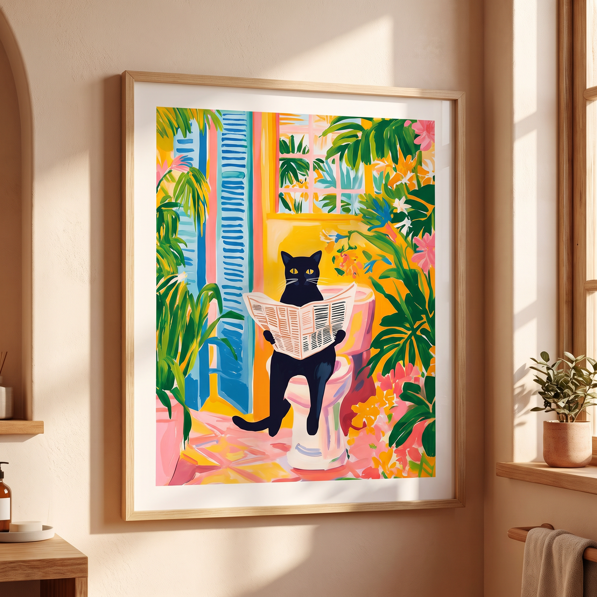 Black cat bathroom art print framed above a towel rail in a small powder room