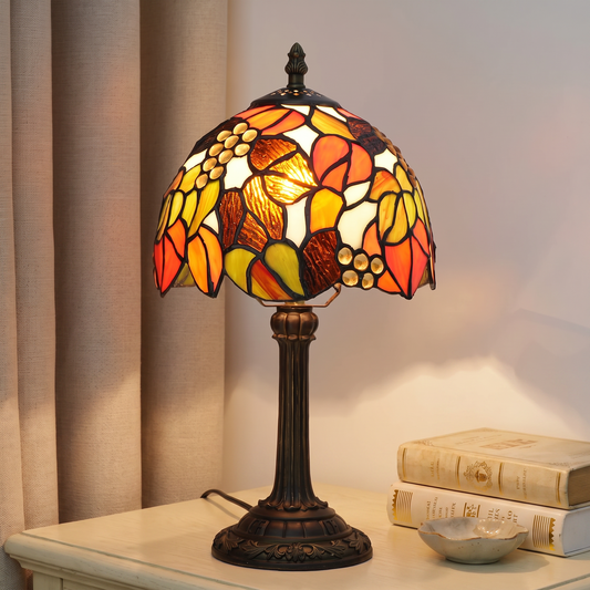 Vintage style table lamp with a turned base and fabric shade on a living room side table