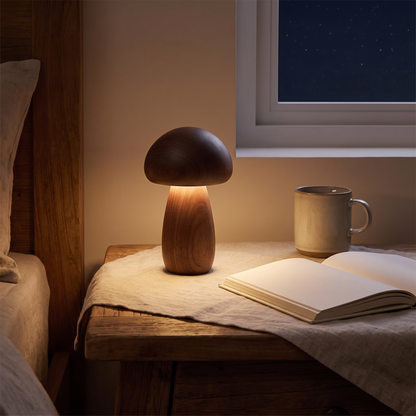 Wooden mushroom night light glowing warm on a nightstand in a darkened bedroom