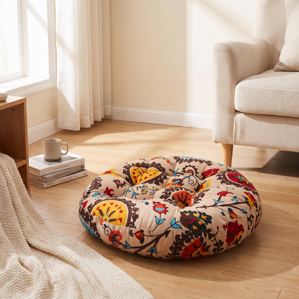 Round tatami style floor cushion on a wooden floor beside a window, set up for reading