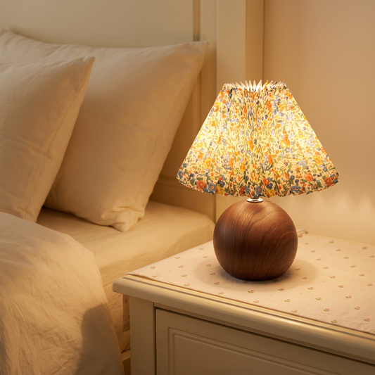 LED bedside table lamp casting warm light over a nightstand and an open book