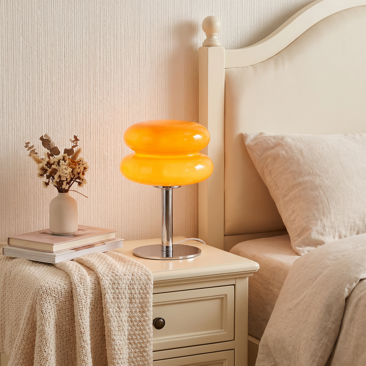 Macaron glass table lamp glowing softly on a bedside table in a calm bedroom