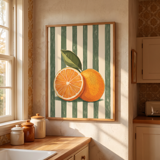 Orange citrus botanical art print framed on a dining room wall in warm morning light