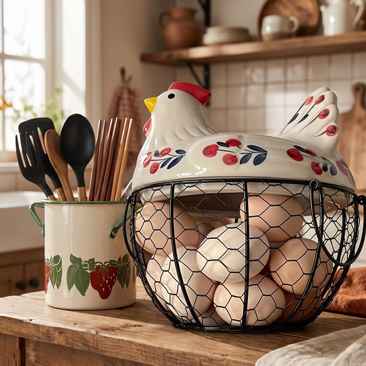 Hen shaped ceramic egg basket holding fresh eggs on a countertop in a country kitchen