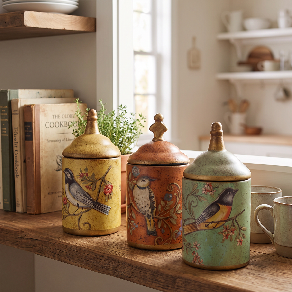 Vintage glazed ceramic storage jar with a lid on a farmhouse kitchen counter