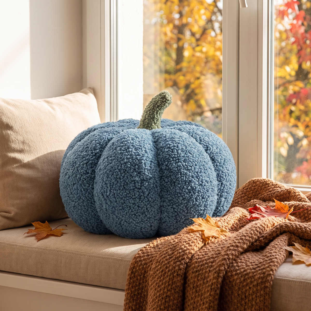 Pumpkin shaped throw pillow in warm terracotta on a sofa, styled for autumn