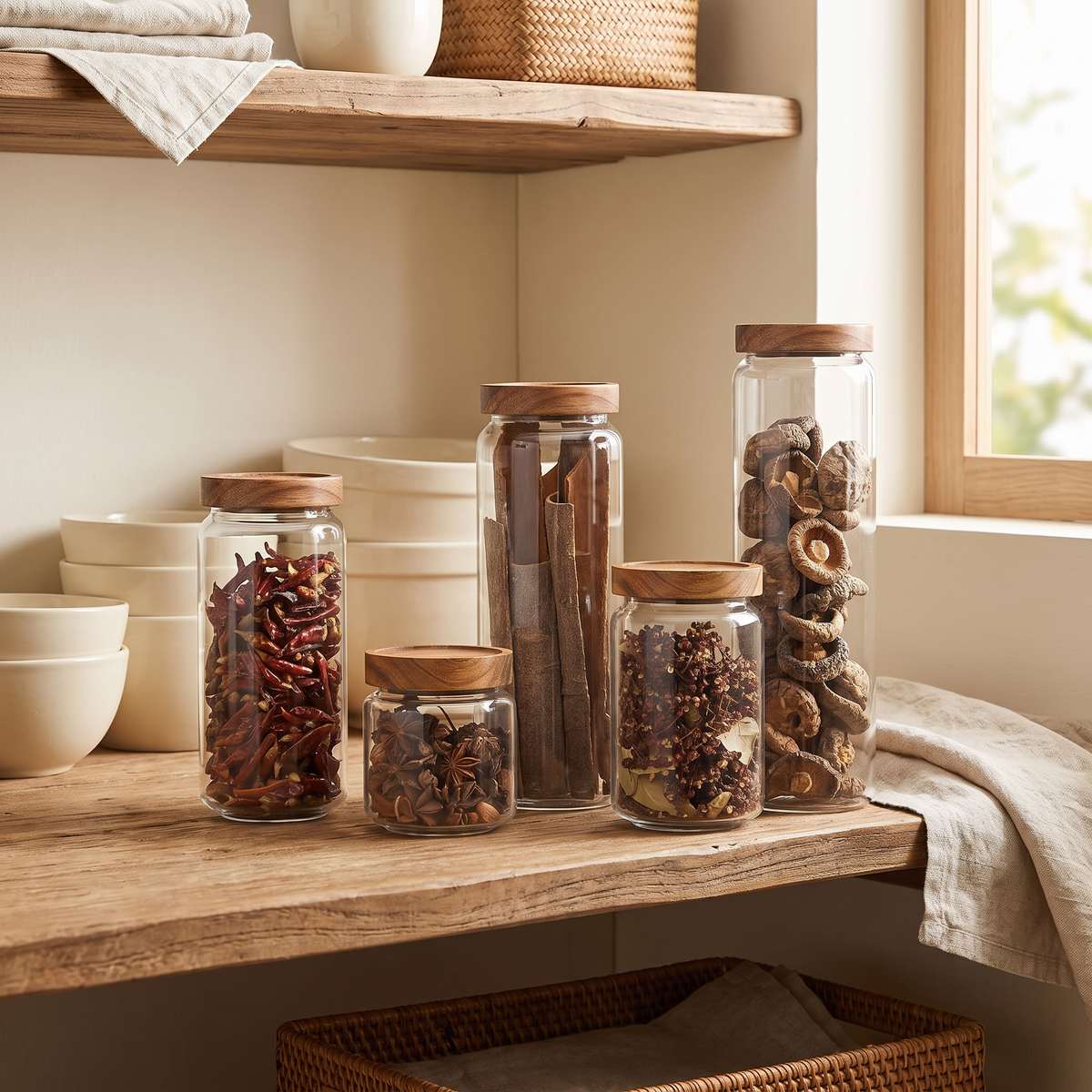 Glass canister set with wooden lids on a kitchen counter, filled with grains and coffee
