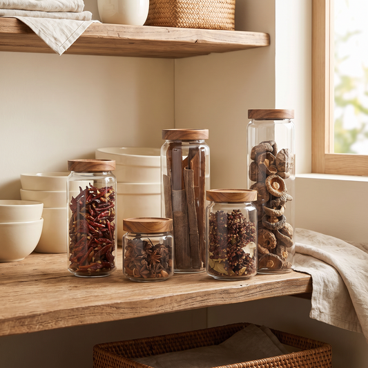 Glass canister set with wooden lids on a kitchen counter, filled with grains and coffee