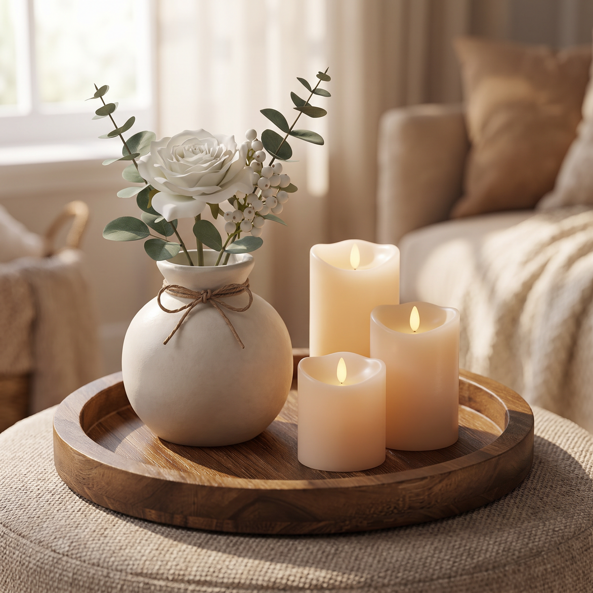Round rustic wooden serving tray on an ottoman, holding candles and glasses in a warm living room