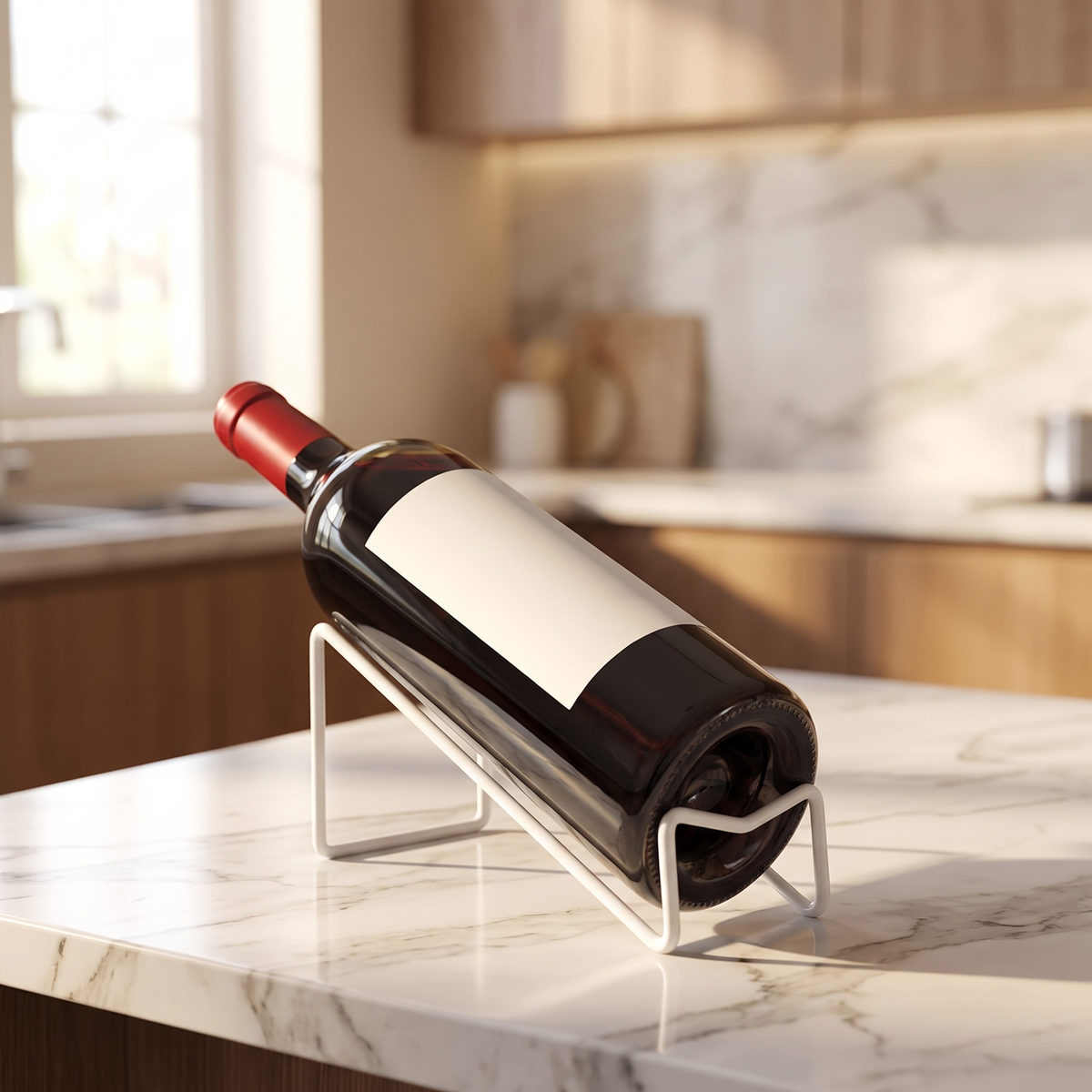 Countertop wine bottle rack displaying a bottle in a kitchen