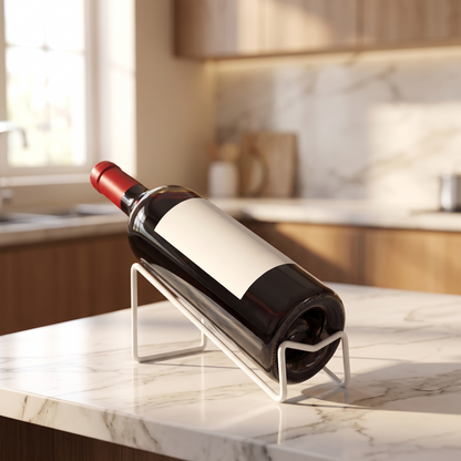 Countertop wine bottle rack displaying a bottle in a kitchen